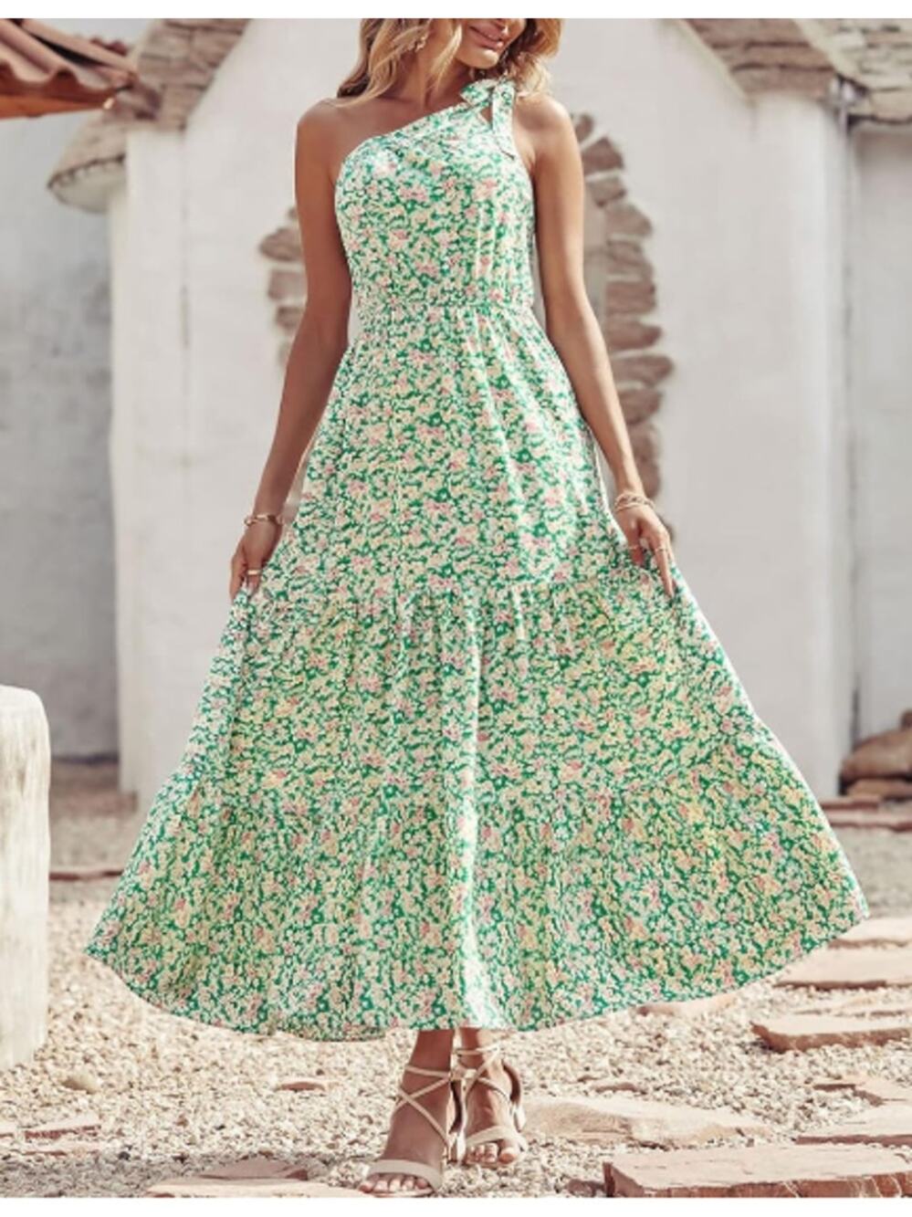 PRETTY GARDEN One Shoulder Ruffle Maxi Dress Sleeveless Floral Green Size XXL